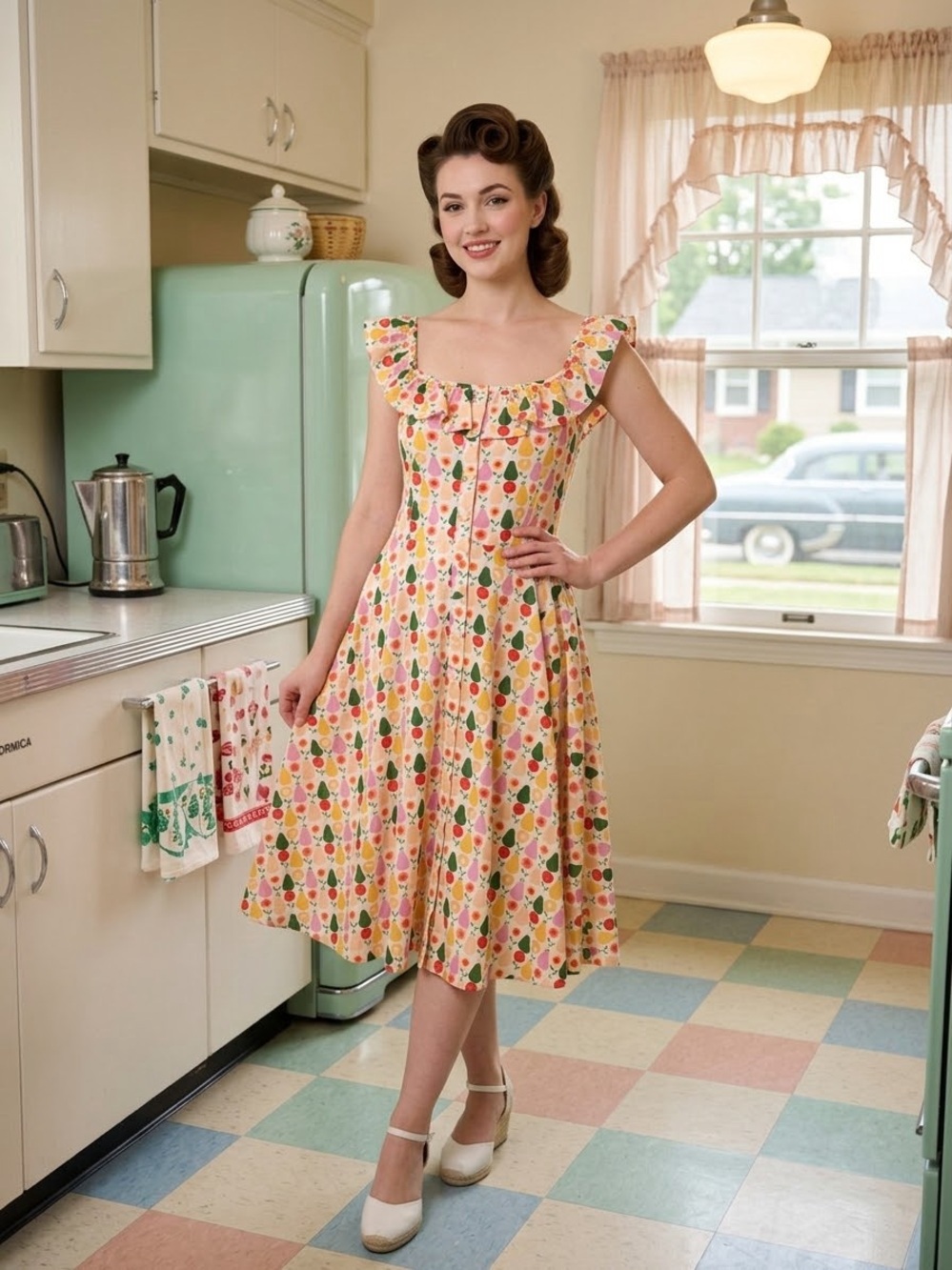 Retro Peach Floral Fit-and-Flare Dress with Ruffle Neckline size 10/12